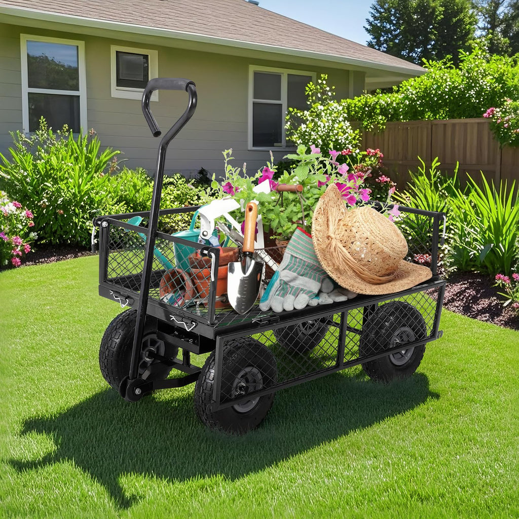 Garvee Heavy Duty Garden Cart Folding Utility Wagon 500LB Capacity Mesh Steel Waterproof Liner Adjustable Handle 10 Inch Tire for Outdoor Work