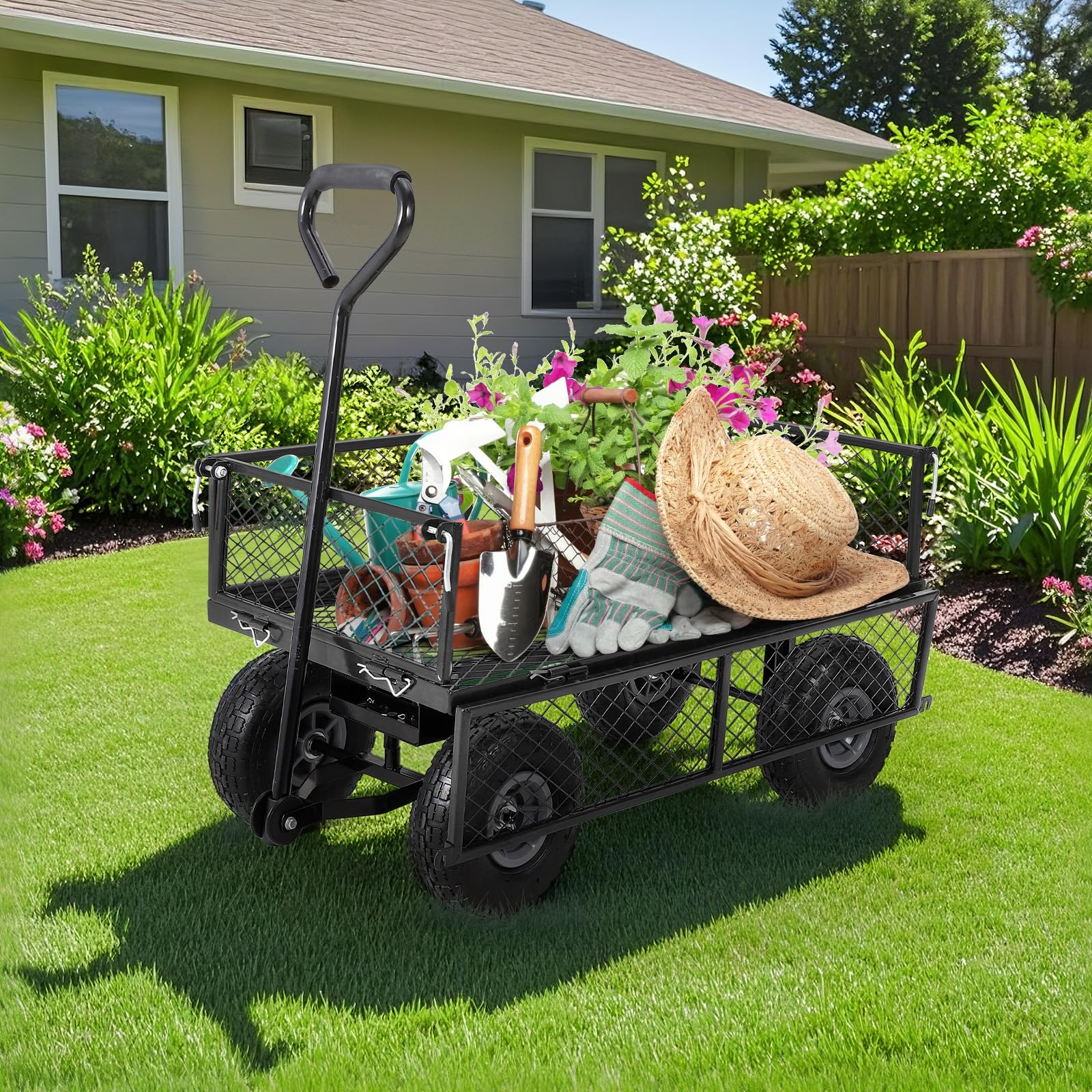 Garvee Heavy Duty Garden Cart Folding Utility Wagon 500LB Capacity Mesh Steel Waterproof Liner Adjustable Handle 10 Inch Tire for Outdoor Work