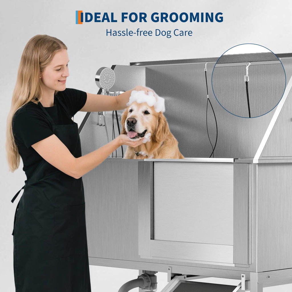 Garvee 50" Stainless Steel Dog Washing Station, Dog Bathtub with Non-Slip Stairs & Storage Shelf, Slip-Resistant Floor Grate, Adjustable Platform for Grooming Salon & Home Use, Leftdoor