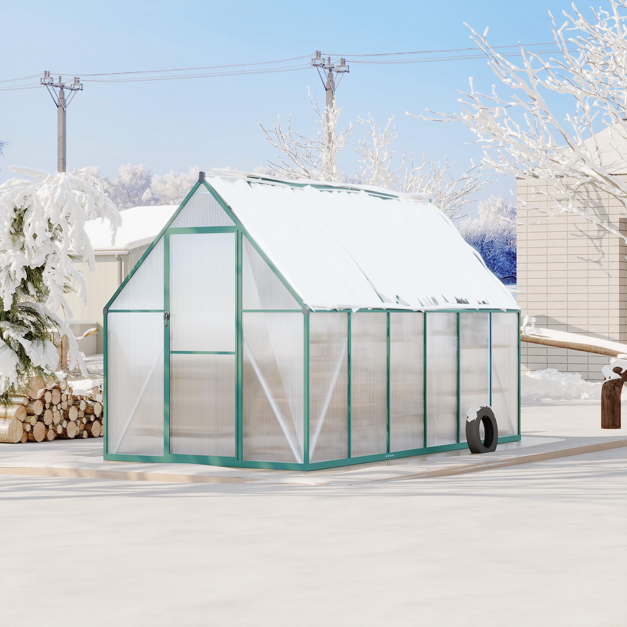 Garvee Heavy Duty Polycarbonate Greenhouse Kit - Large 6x11 FT Walk-In Outdoor Greenhouse with Aluminum Frame, Roof Vent, Quick Setup, Enhanced Winter Plant Protection - Green