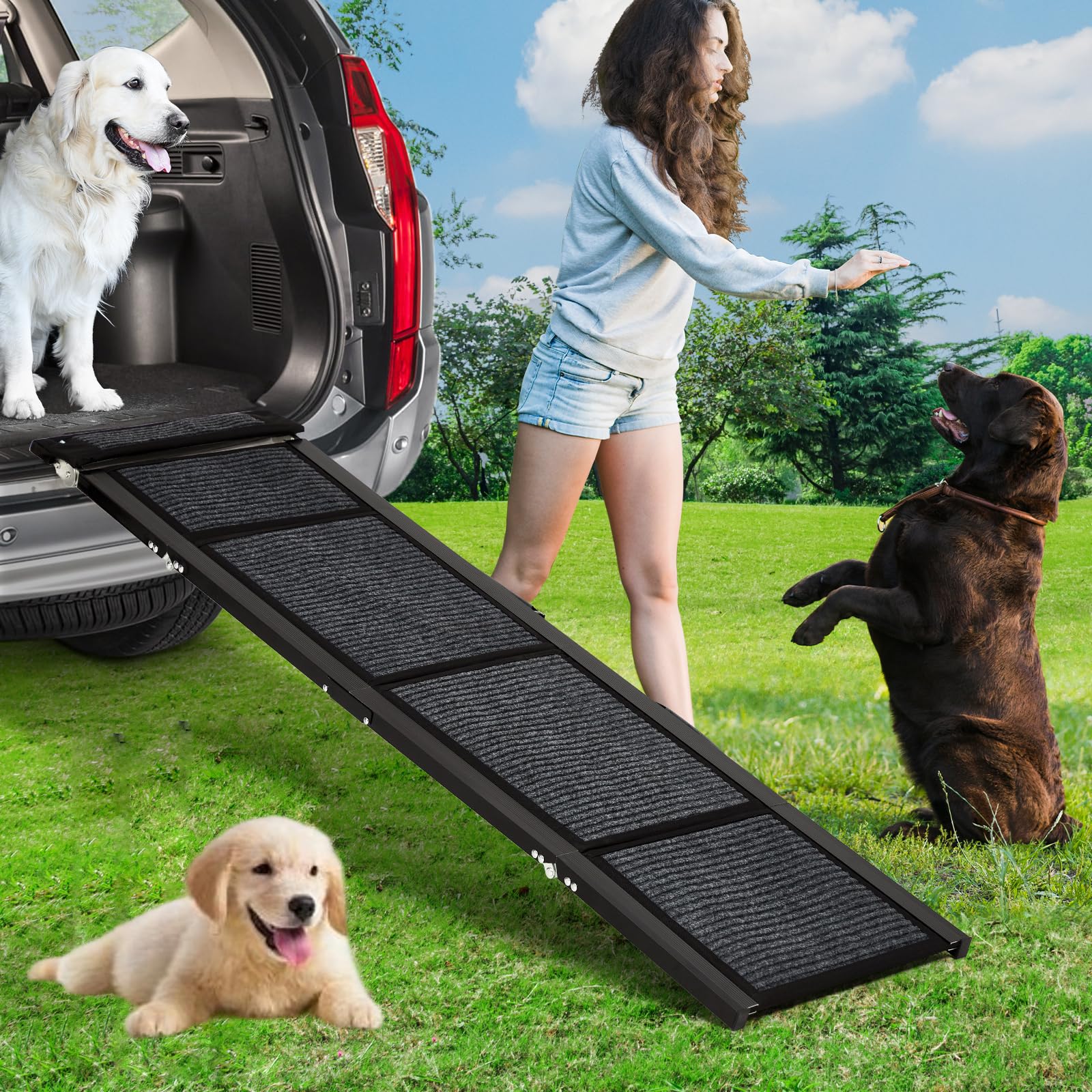 Garvee 63"×20" Portable Aluminum Dog Car Ramp, Folding Pet Ramp for Large Dogs with Non-Slip Surface Portable Dog Car Ramp for SUV Car & Truck, Outdoor Dog Ramp Up to 250 LBS