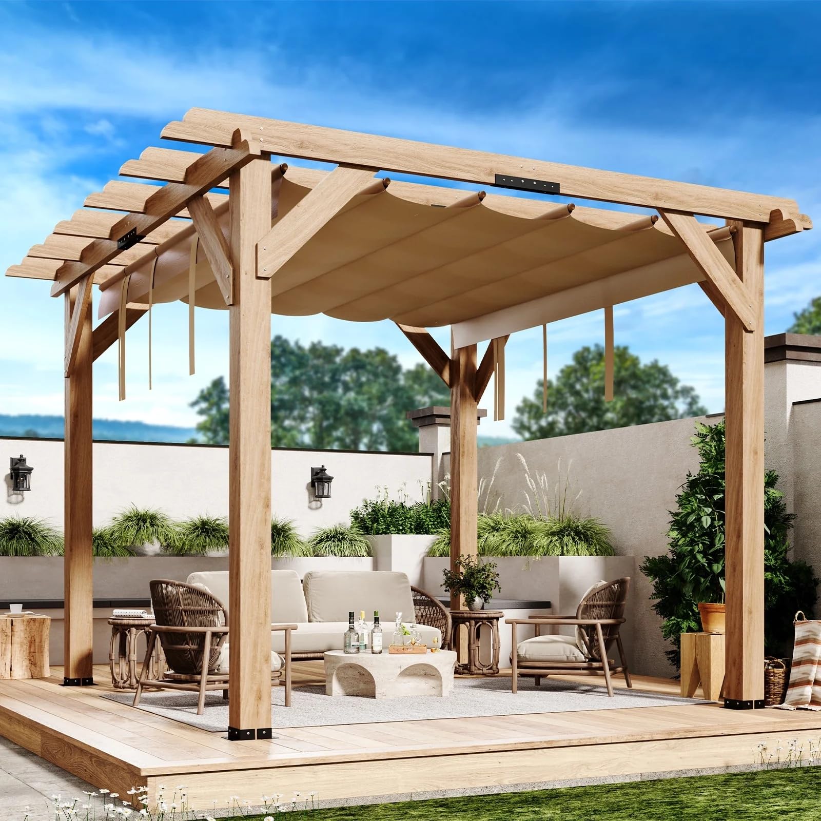 Garvee 10x12 FT Cedar Wood Pergola with Retractable Oxford Fabric Roof, Waterproof, Durable Outdoor Patio Gazebo for Backyard Relaxation