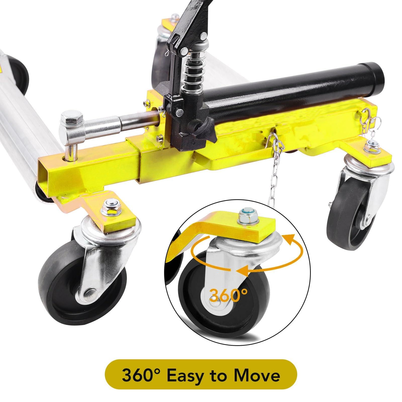 Garvee 4PCS Car Wheel Dolly with Hydraulic Tire Jack, 1500LBS Capacity, Ratcheting Foot Pedal, Stainless Steel, Adjustable for Truck RV Trailer, Yellow