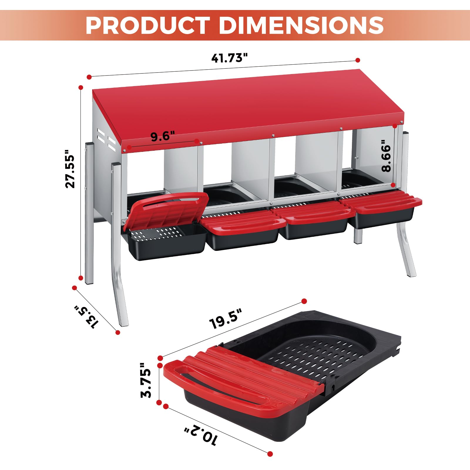 Garvee Heavy-Duty Metal Chicken Nesting Box for Easy Egg Collection - 4 Compartments with Removable Trays - Wall Mount or Stand - Ideal for Backyard Poultry, Red, Four Grids + Bracket