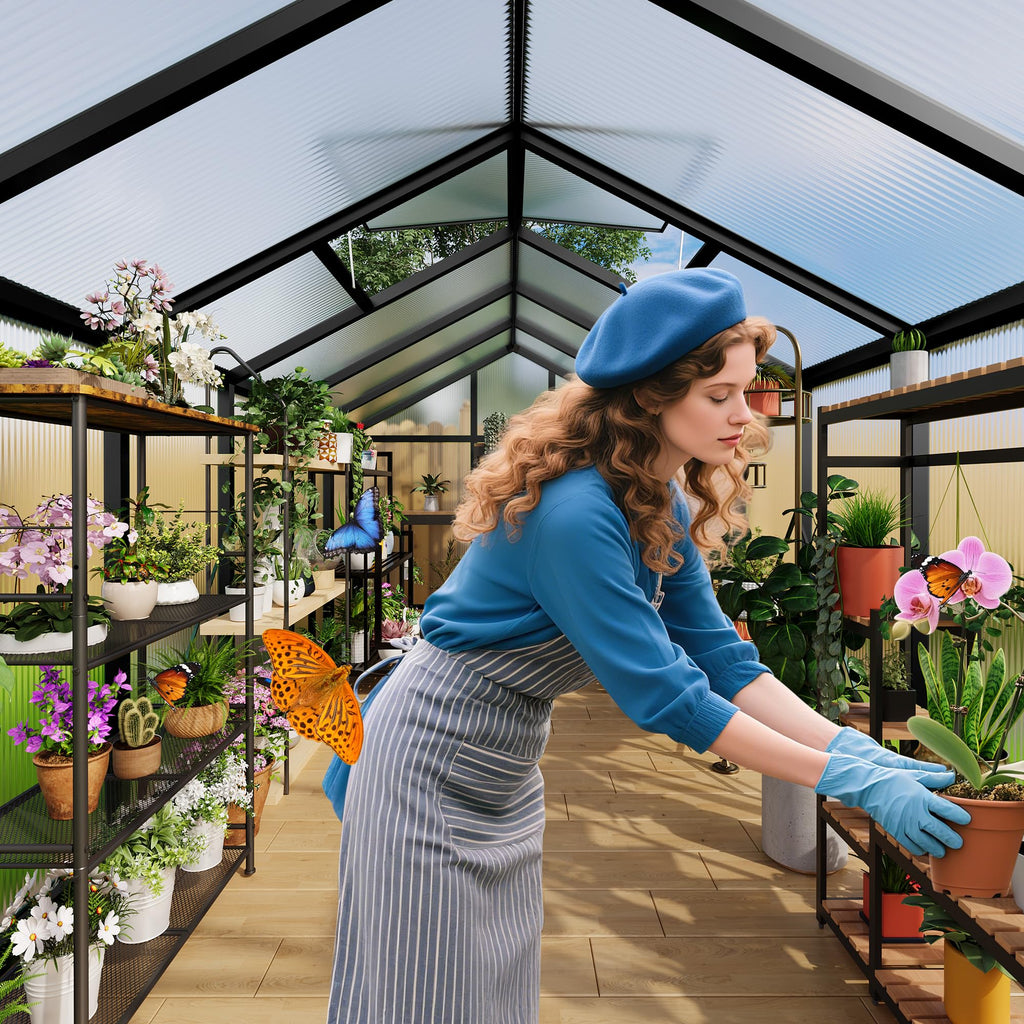 Garvee 6 × 10 ft Walk-In Greenhouse, Polycarbonate Greenhouse with Aluminum Frame, Roof Vent, Gutter System & Lockable Sliding Door for Backyard Garden