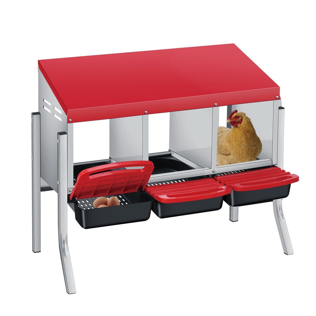Garvee Heavy-Duty Metal Chicken Nesting Box for Easy Egg Collection - 3 Compartments with Removable Trays - Wall Mountable with Bracket Legs - Durable Poultry Coop Accessory, Red, Three Grids + Bracket