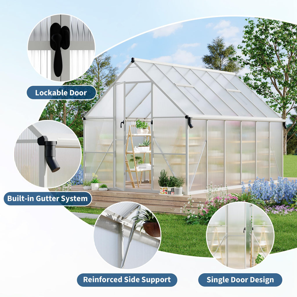 Garvee Heavy Duty 8x12 FT Polycarbonate Walk-In Greenhouse – Reinforced Aluminum Frame, Double Swing Doors, Roof Ventilation, Rain Gutter, Large Outdoor Gardening Space – Silver