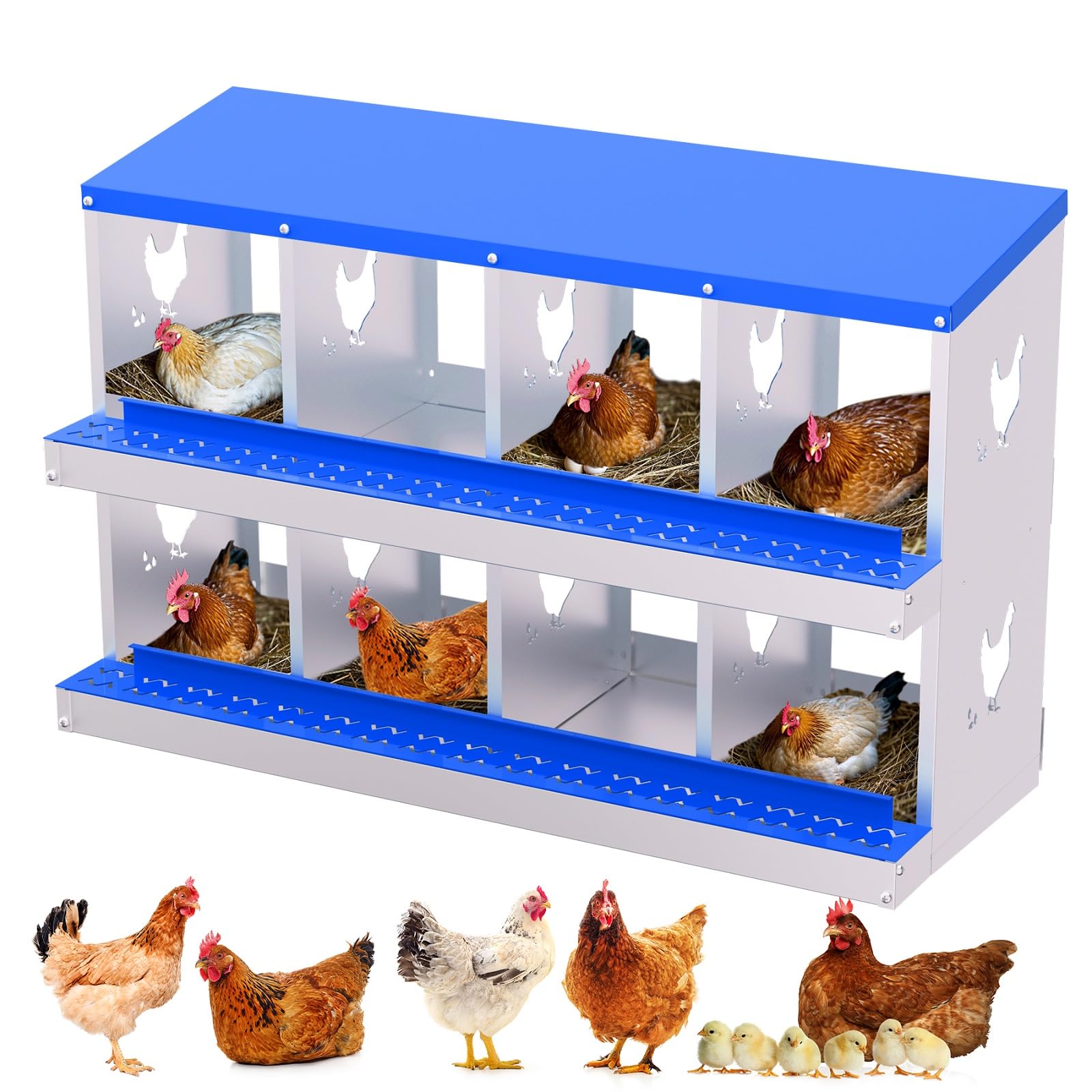 Garvee 8-Hole Chicken Nest Box Heavy Duty Galvanized Steel  Ventilation System Bioengineering Design Blue for Hens Ducks Small Poultry