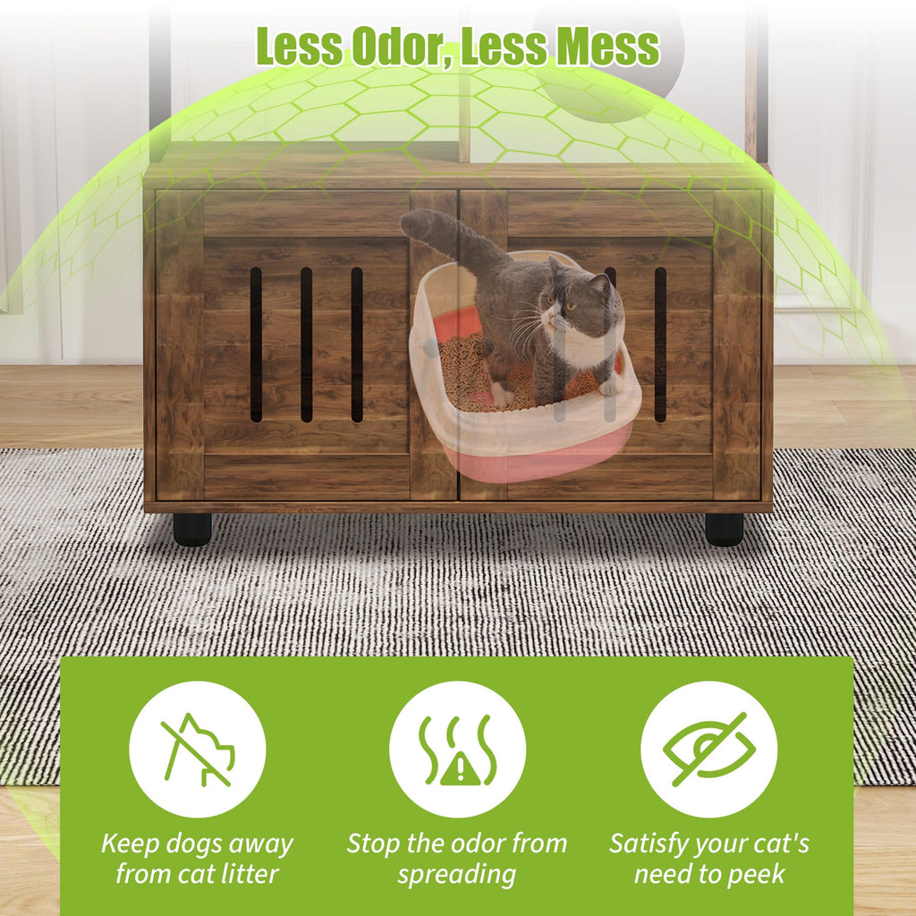 Garvee Wooden Cat Litter Box Furniture Hidden with Storage Shelf, Sisal Hammock & Reversible Entrance, Engineered Wood+Metal, Scratch Mat & Play Ball, Rustic Brown, Indoor Cat House