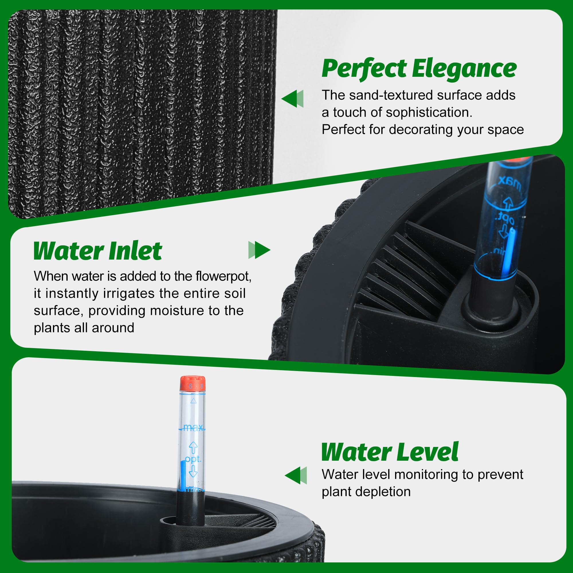 Garvee 14 Inch Self Watering Plant Pots with Drainage Holes, Water Level Monitor, Tall Indoor Planters, Freeze-Proof UV Material, Ideal for Patio & Porch