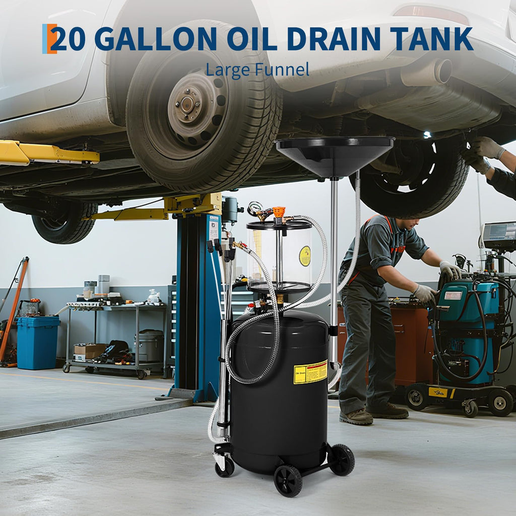 Garvee 20 Gallon Waste Oil Drain Tank Portable Air Operated Oil Drainer Adjustable Funnel Steel with Wheels Toolbox for Auto Workshops