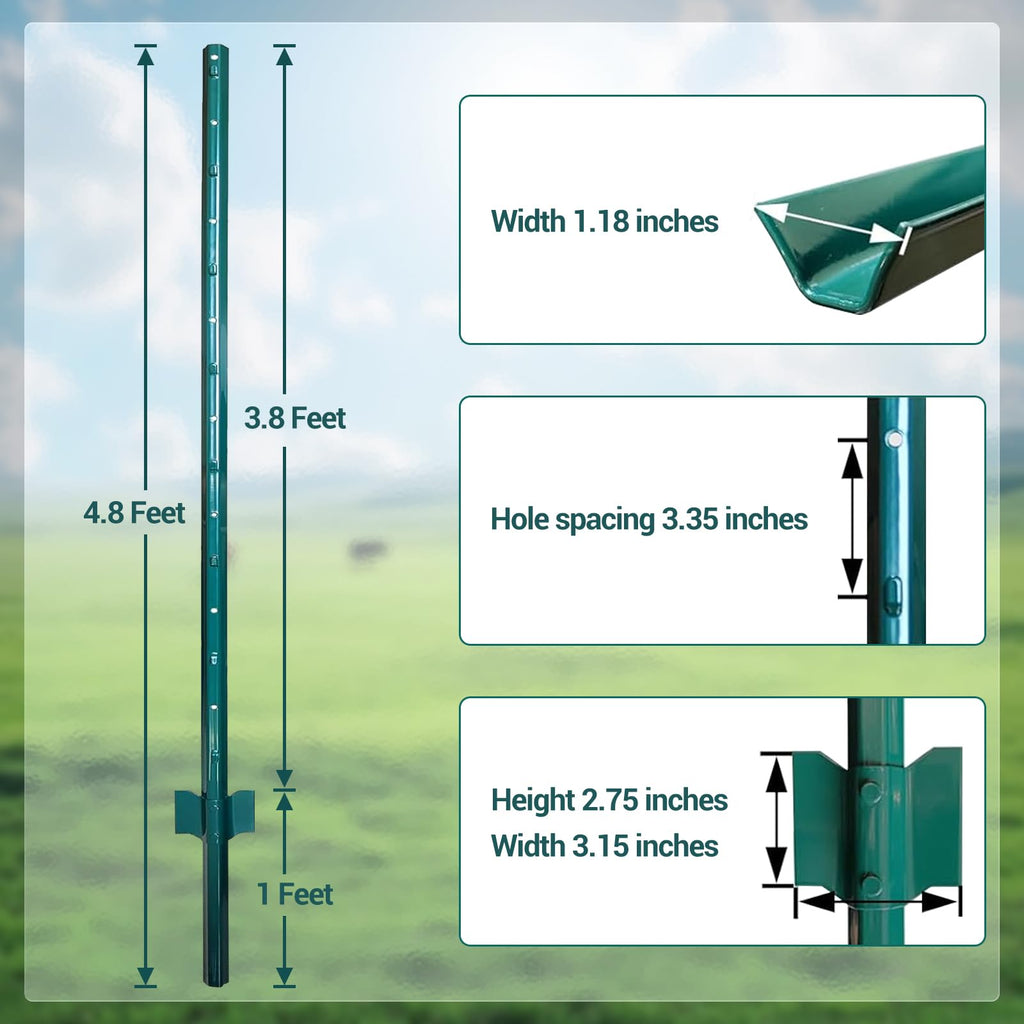 Garvee 4.8' U-Shaped Metal Fence Posts - Pack of 10, Powder Coated Steel w/Adjustable Tabs & Anchor Plates for Outdoor Gardens