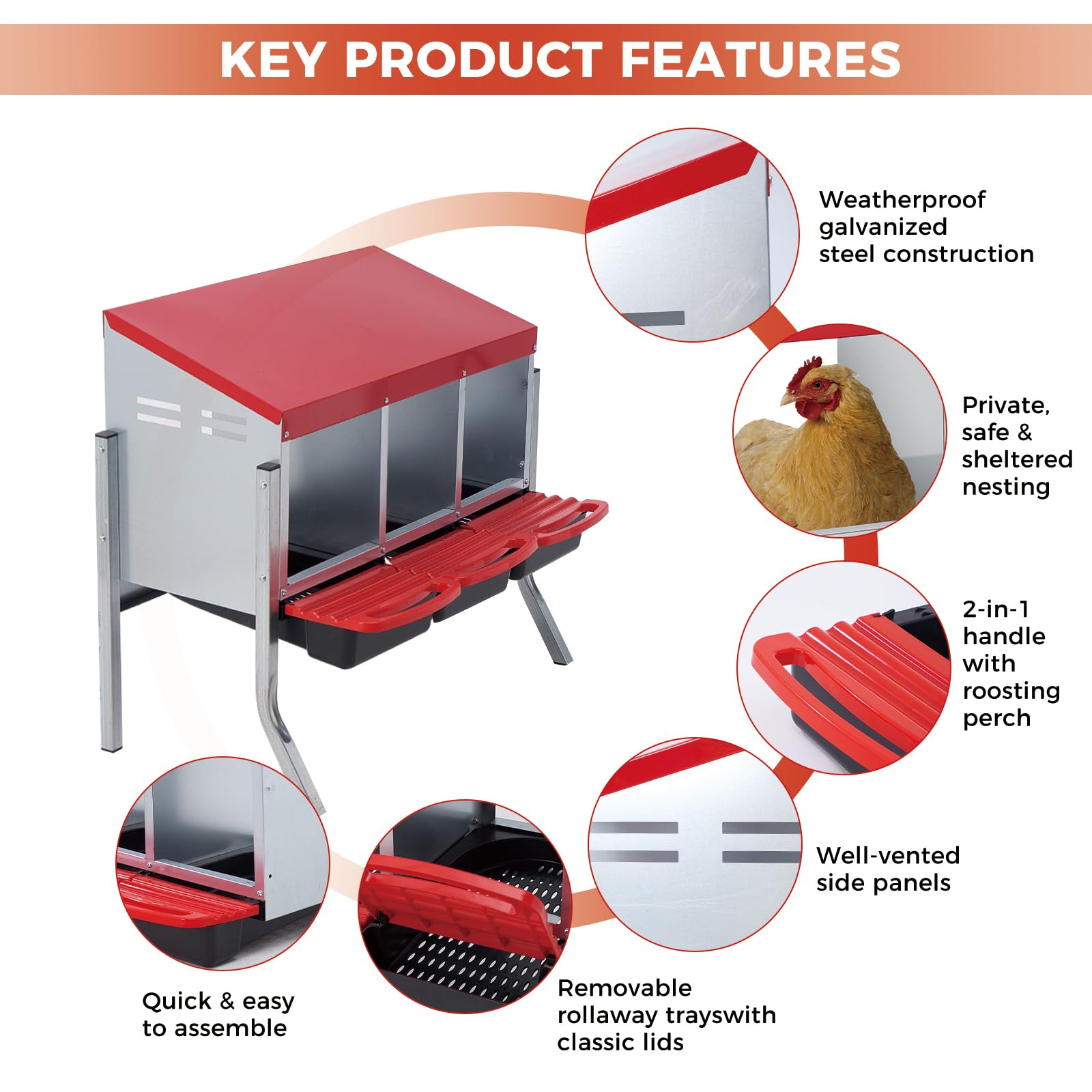 Garvee Heavy-Duty Metal Chicken Nesting Box for Easy Egg Collection - 3 Compartments with Removable Trays - Wall Mountable with Bracket Legs - Durable Poultry Coop Accessory, Red, Three Grids + Bracket