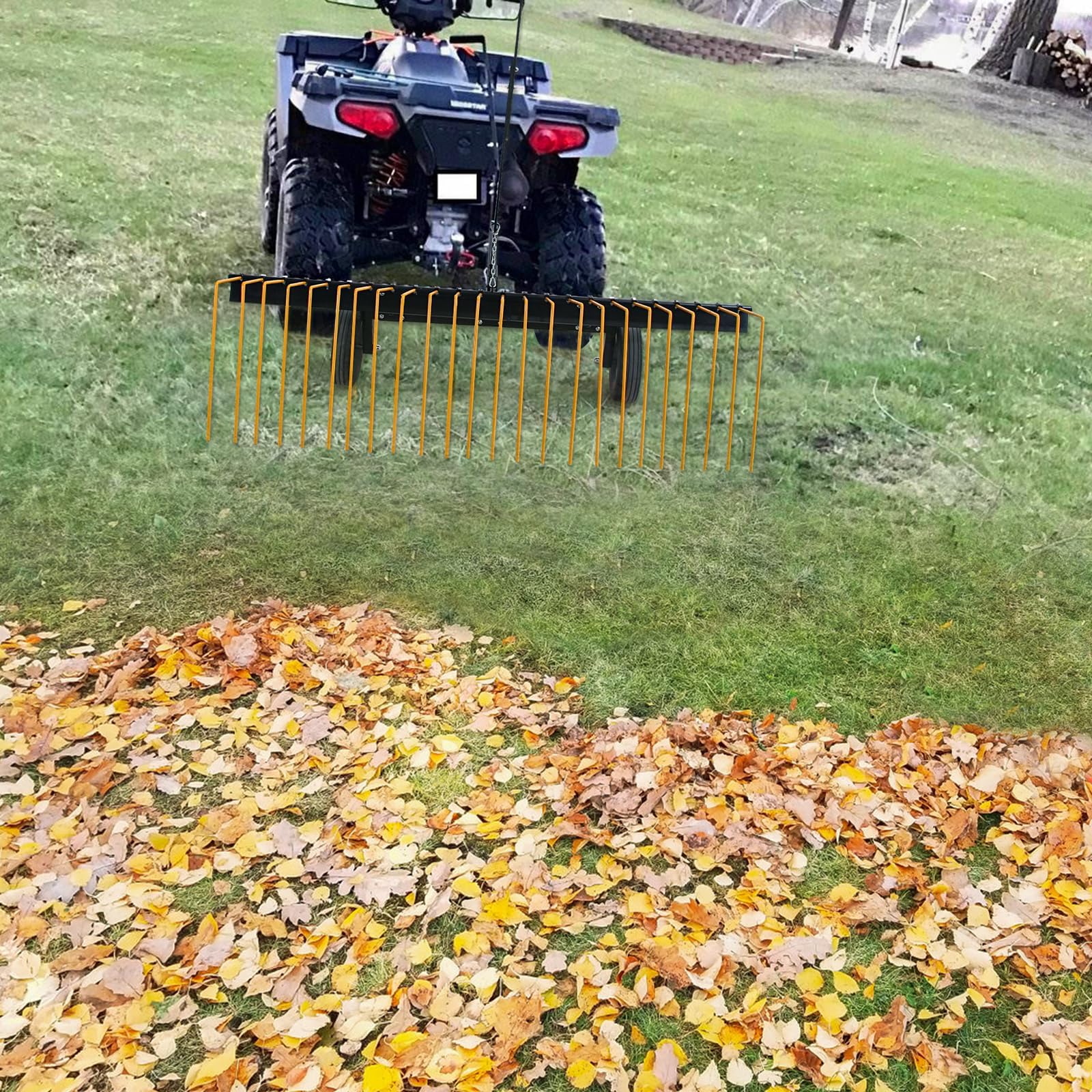 Garvee 59'' Tow Behind Lawn Dethatcher,24 Durable Spring Steel Tines Lawn Dethatcher, Tow Behind Steel Pine Straw Rake Designed to Lawn and Garden Tractors, Orange&Black