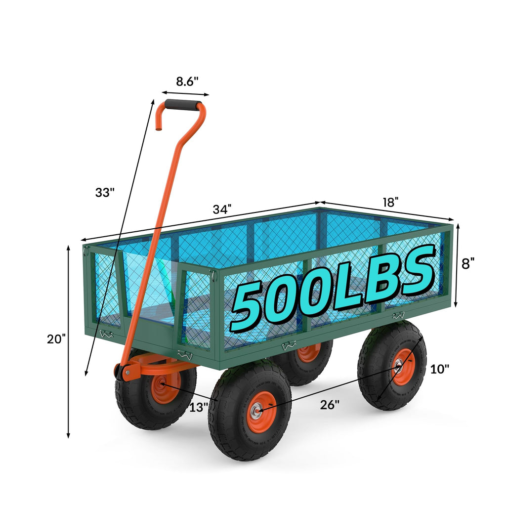 Garvee Steel Garden Cart Utility Wagon, 500 LBS Capacity, Folding Design, Removable Sides, 10 Inch Tires, Heavy-Duty Steel, Green & Orange, Outdoor Lawn Use