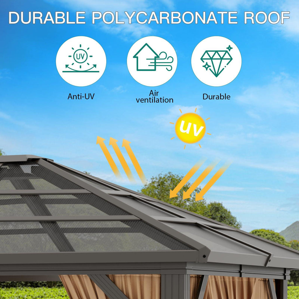 Garvee 10'x12' Hardtop Gazebo Outdoor Polycarbonate Roof Aluminum Frame with Curtains & Netting Brown Patio Pavilion for Garden