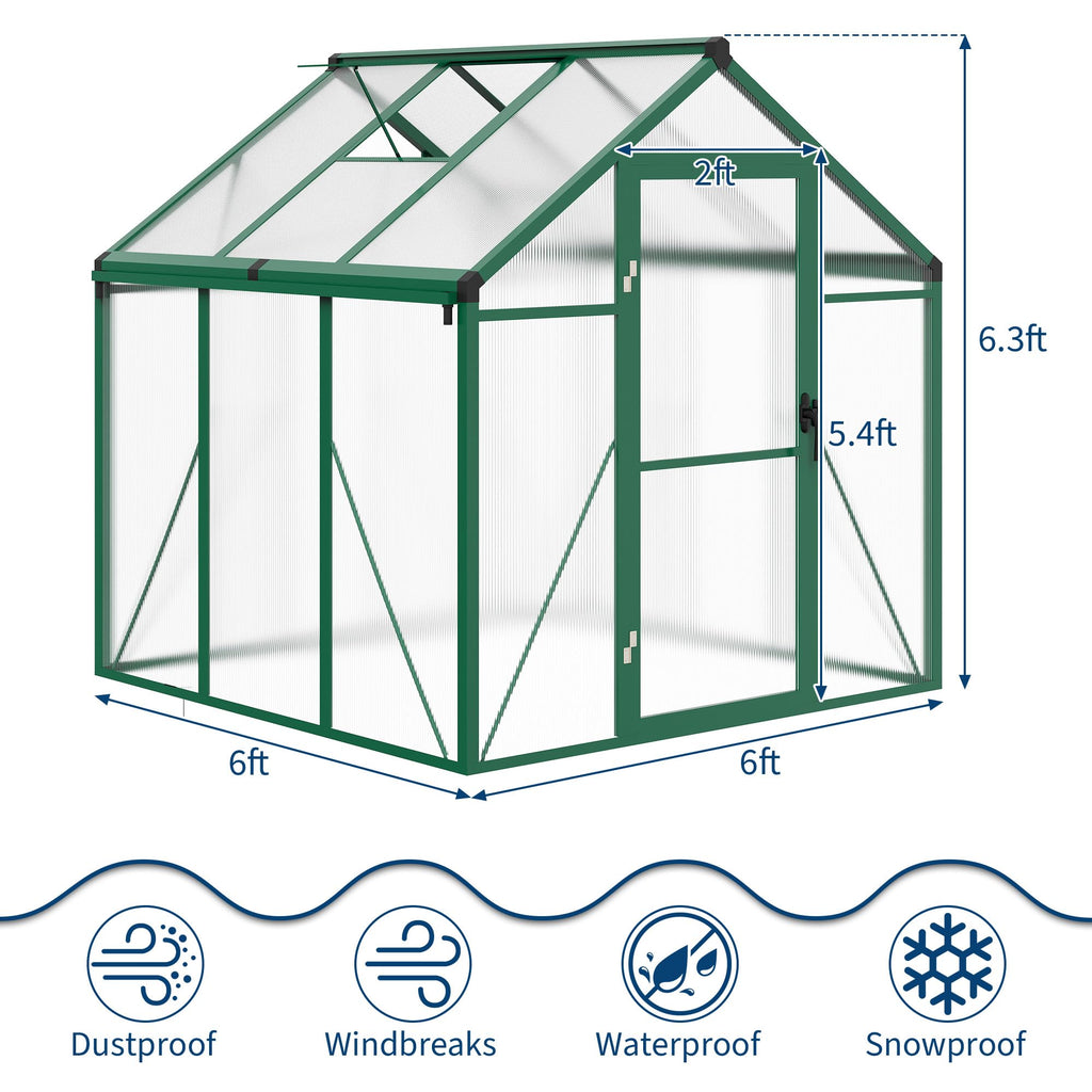 Garvee 6x6 FT Walk-In Greenhouse with Heavy Duty Aluminum Frame & PET Panels, Drainage System and Easy Assembly, Outdoor Green House for Backyard Garden Planting, Patio, Lawn