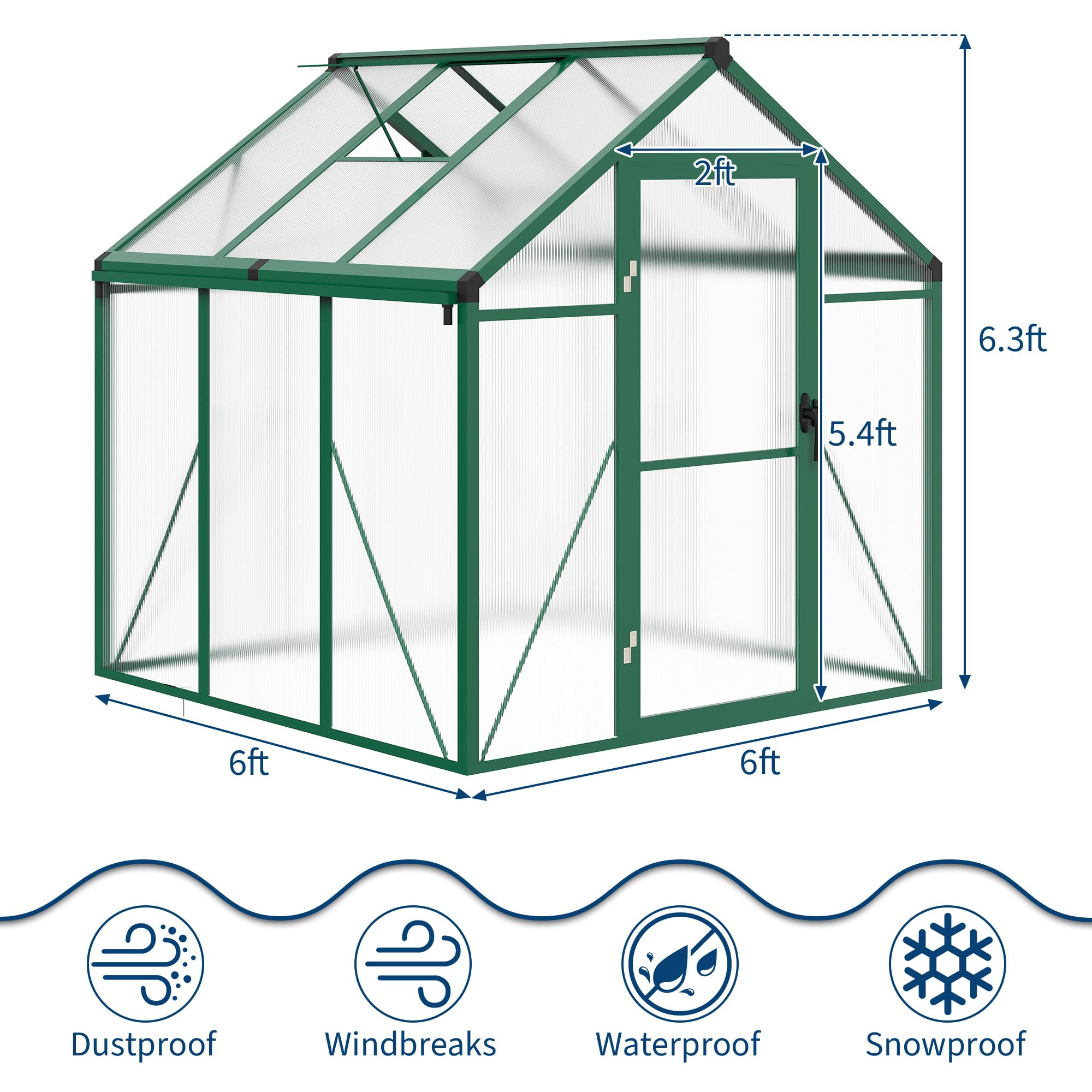 Garvee 6x6 FT Walk-In Greenhouse with Heavy Duty Aluminum Frame & PET Panels, Drainage System and Easy Assembly, Outdoor Green House for Backyard Garden Planting, Patio, Lawn