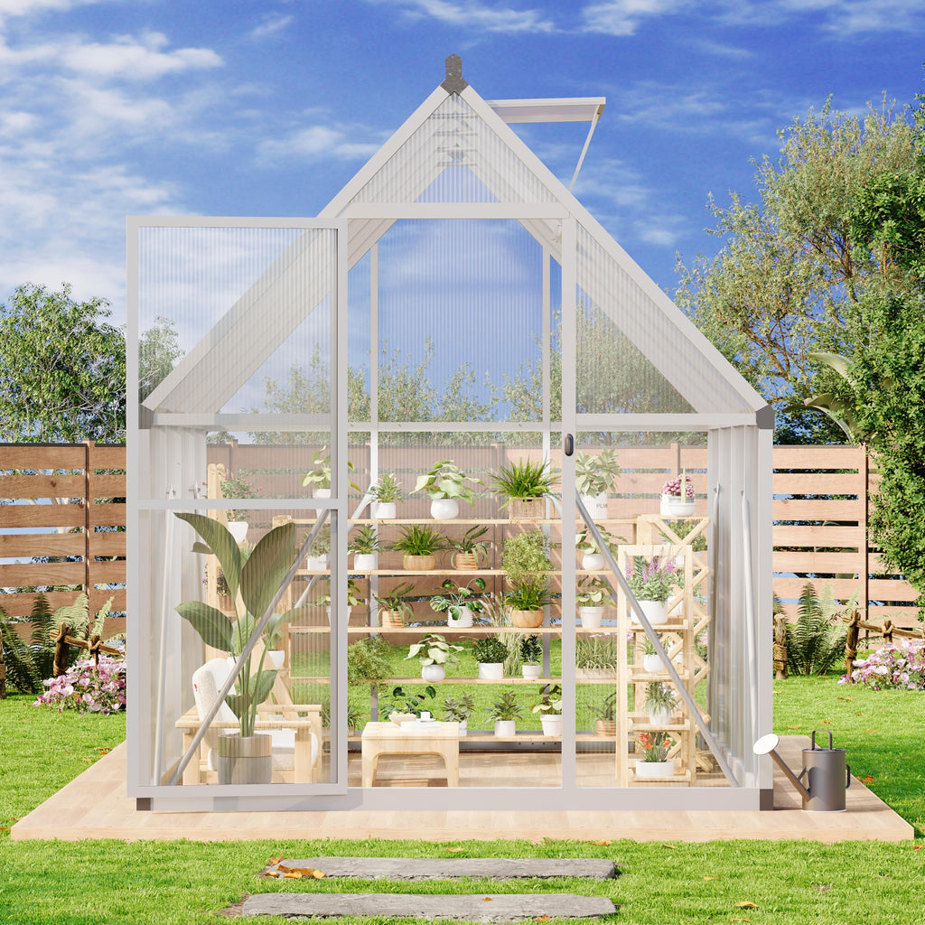 Garvee 6x7 FT Polycarbonate Walk-In Greenhouse – Sturdy Aluminum Frame, Lockable Door, Adjustable Roof Vent, Easy Assembly – Fits Outdoor Garden, Backyard, Patio, Lawn – Silver