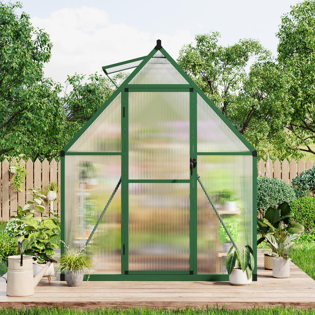 Garvee Heavy Duty 6x7 FT Polycarbonate Walk-In Greenhouse – Reinforced Aluminum Frame, Lockable Door, Adjustable Roof Vent, Quick Assembly – Ideal for Outdoor Patio, Backyard, Garden – Green