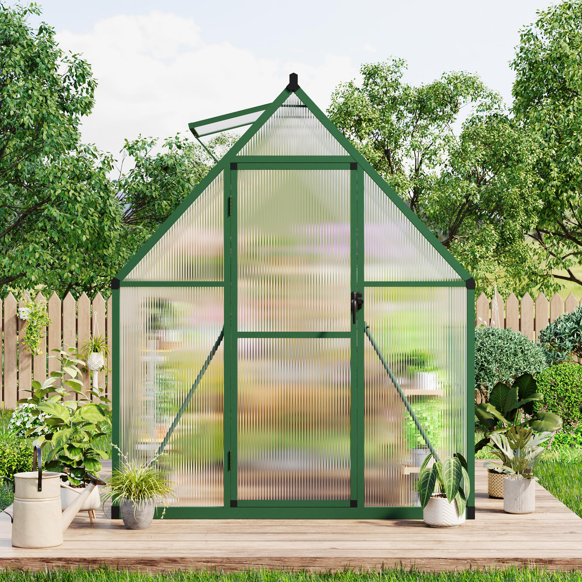 Garvee Heavy Duty 6x7 FT Polycarbonate Walk-In Greenhouse – Reinforced Aluminum Frame, Lockable Door, Adjustable Roof Vent, Quick Assembly – Ideal for Outdoor Patio, Backyard, Garden – Green