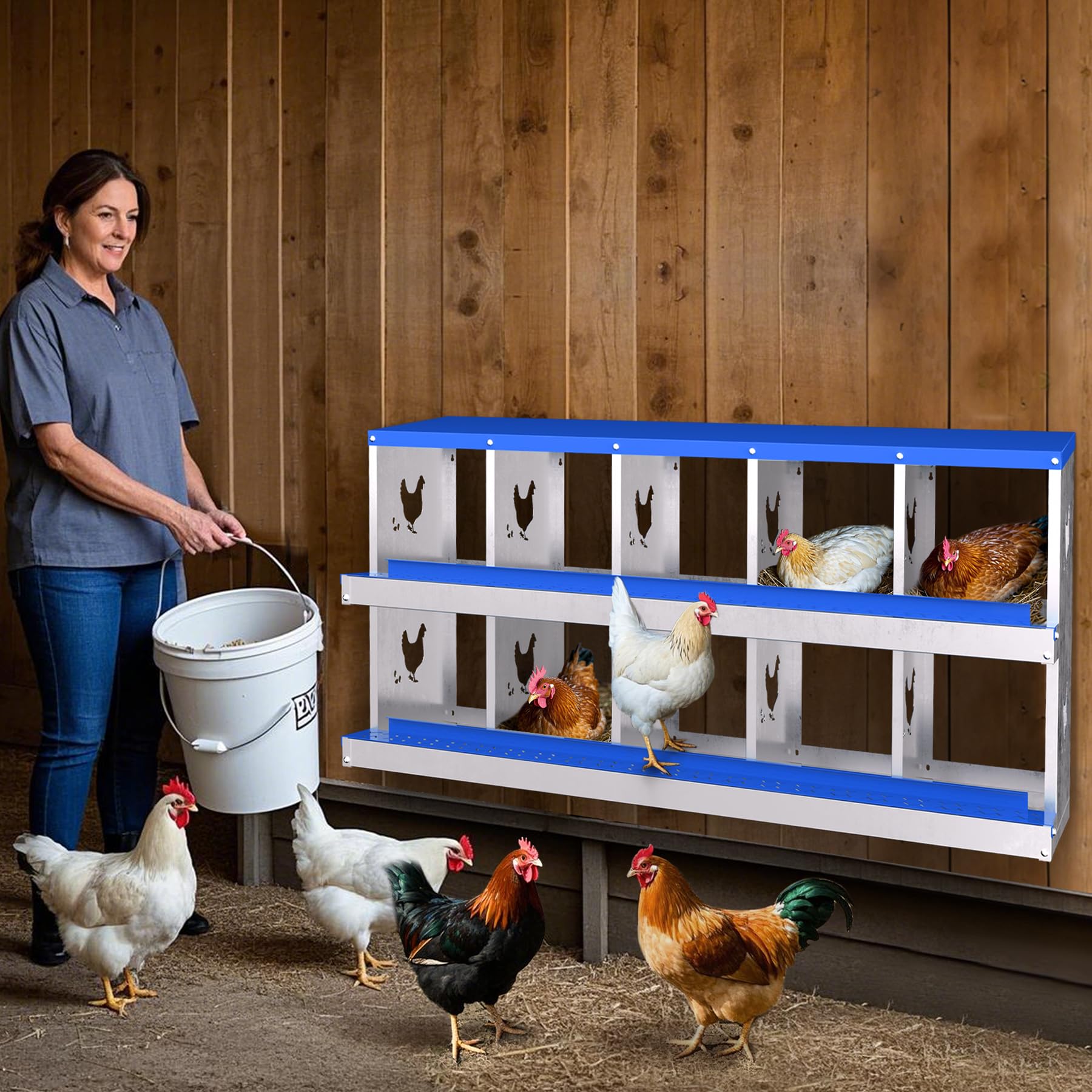 Garvee 10-Hole Chicken Nest Box Heavy Duty Galvanized Steel  Ventilation System Bioengineering Design Blue for Hens Ducks Small Poultry