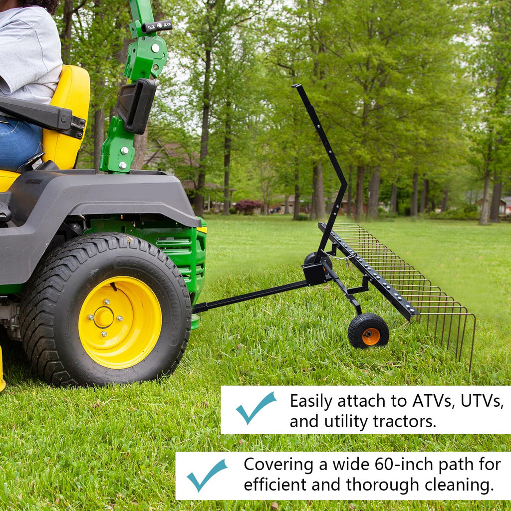 Garvee 60" Tow Behind Dethatcher with 24 Steel Tines, Pneumatic Tires, Alloy Steel, Lift Handle, Pin Hitch for Lawn Tractor, Garden and Farm Use