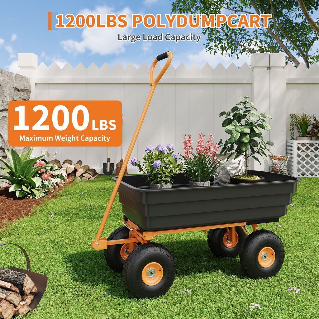Garvee 1200 lb All-Terrain Yard Wagon, Heavy-Duty Utility Cart with Quick Dump & Adjustable Handle, Garden Cart for Soil, Plants & Tools