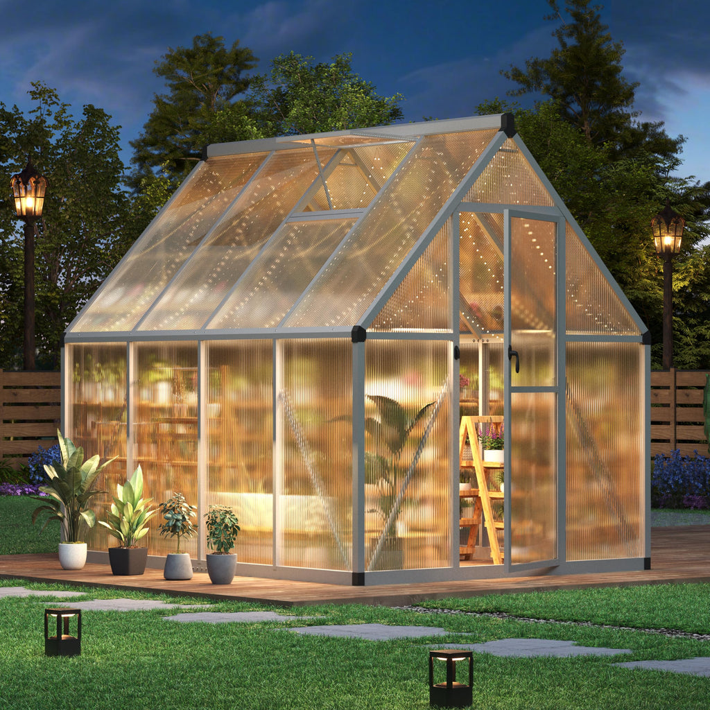 Garvee 6x7 FT Polycarbonate Walk-In Greenhouse – Sturdy Aluminum Frame, Lockable Door, Adjustable Roof Vent, Easy Assembly – Fits Outdoor Garden, Backyard, Patio, Lawn – Silver