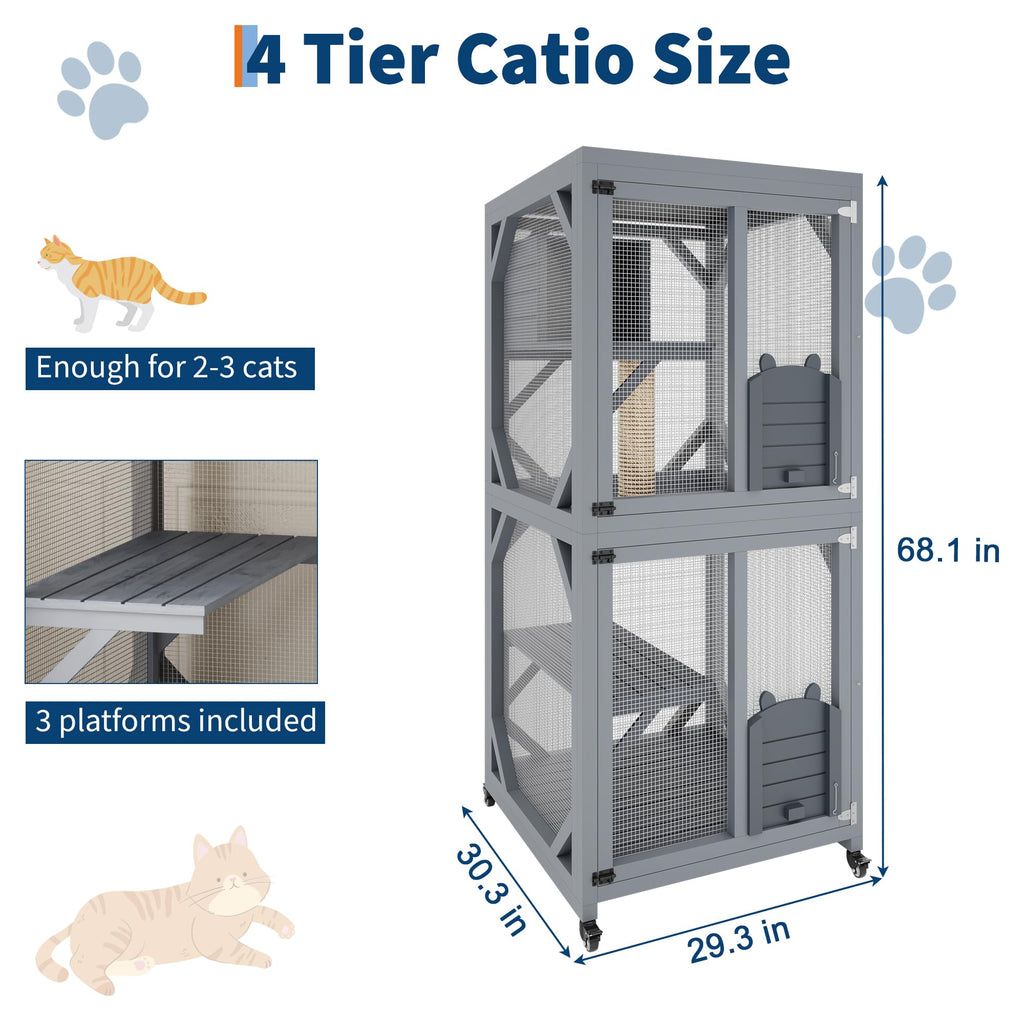 Garvee 4 Tier Wood Catio Outdoor Window Cat Enclosure with Scratch Post & Resting Box, Weatherproof Roof, Lockable Casters, Dual Sliding Doors, Indoor-Outdoor Playpen