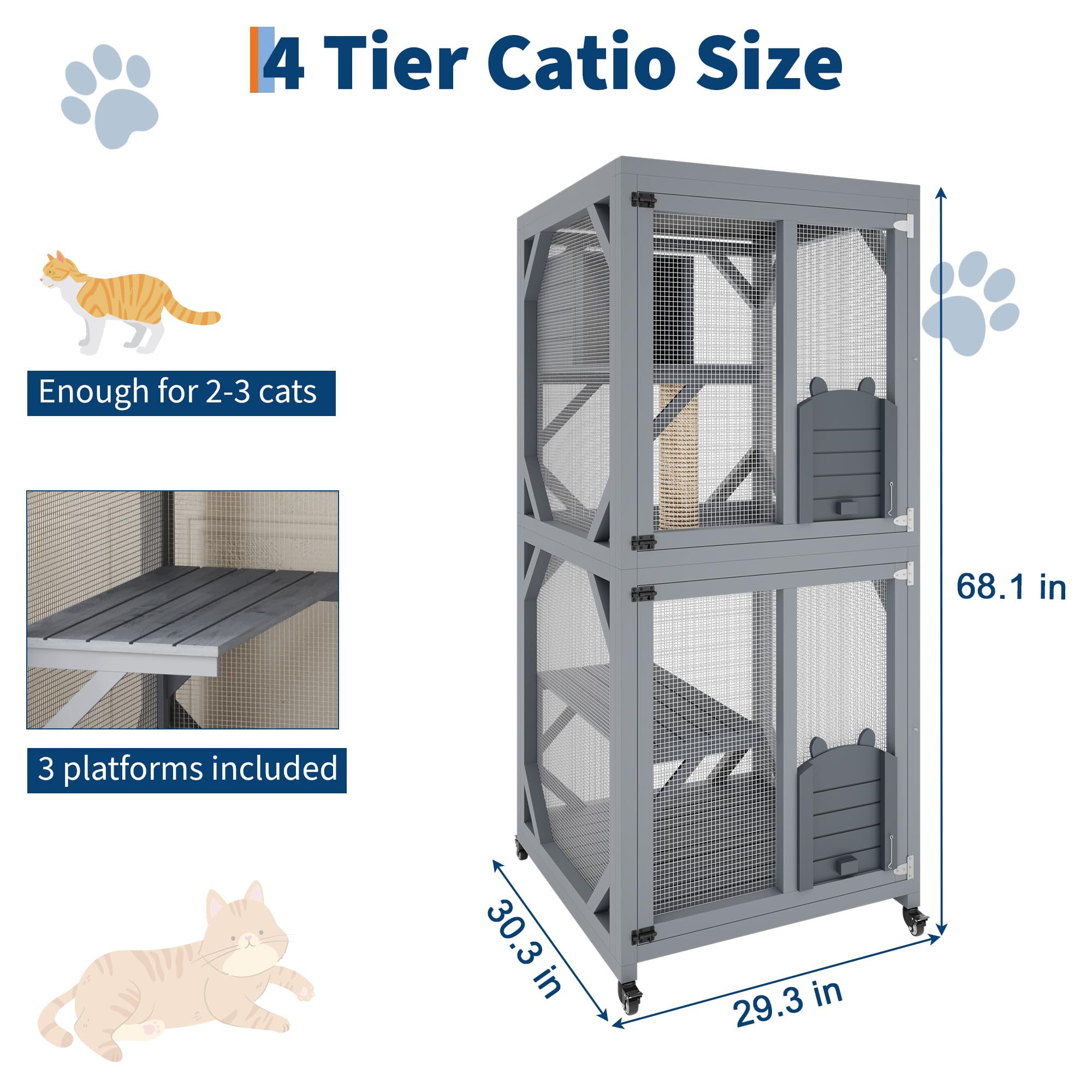 Garvee 4 Tier Wood Catio Outdoor Window Cat Enclosure with Scratch Post & Resting Box, Weatherproof Roof, Lockable Casters, Dual Sliding Doors, Indoor-Outdoor Playpen