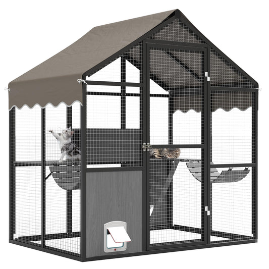 Garvee Catio Outdoor Cat Enclosure, Large Catio with Weatherproof Roof, Channels & Side Door, UV Proof Cover, Huge Condo, Platform, Aluminum Outdoor Cat Enclosure, 70"Lx48"Wx76"H