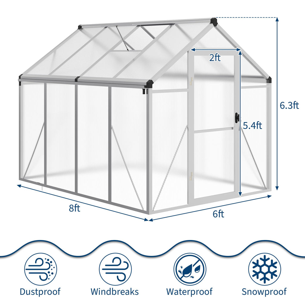 Garvee 6x8 FT Walk-in Greenhouse Aluminum Frame Polycarbonate Panels Roof Vent Ground Nails Backyard Garden