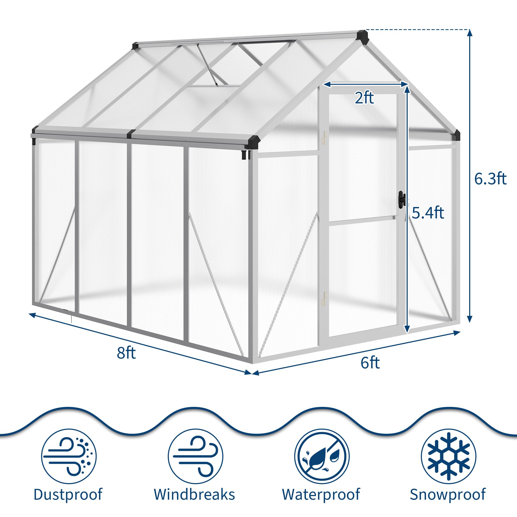 Garvee 6x8 FT Walk-in Greenhouse Aluminum Frame Polycarbonate Panels Roof Vent Ground Nails Backyard Garden