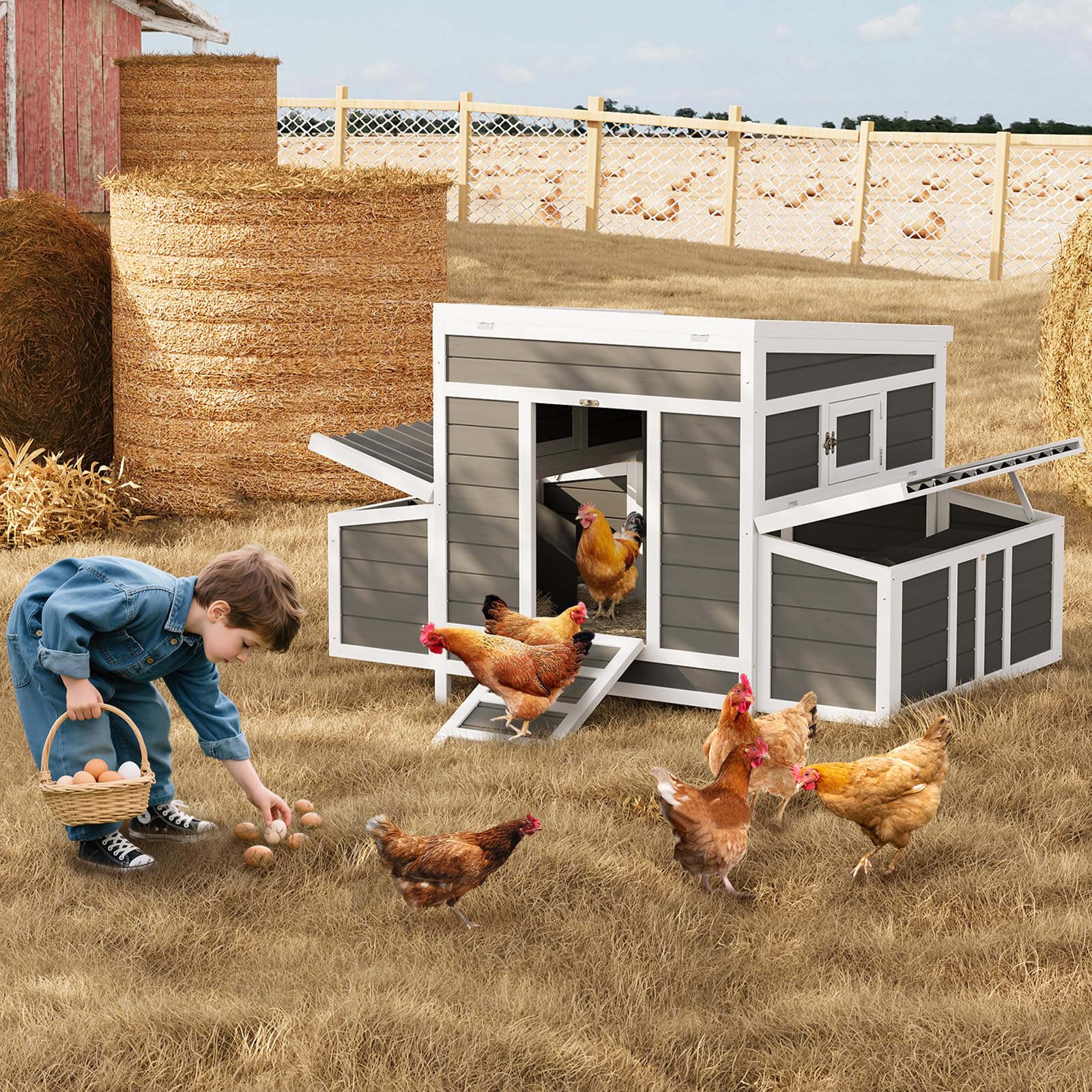 Garvee 55" Wooden Chicken Coop for 4-6 Chickens with Dual Nesting Boxes & Waterproof Roof, Wood & Metal, Lockable Doors & Ventilated Mesh, Outdoor Backyard Poultry Cage