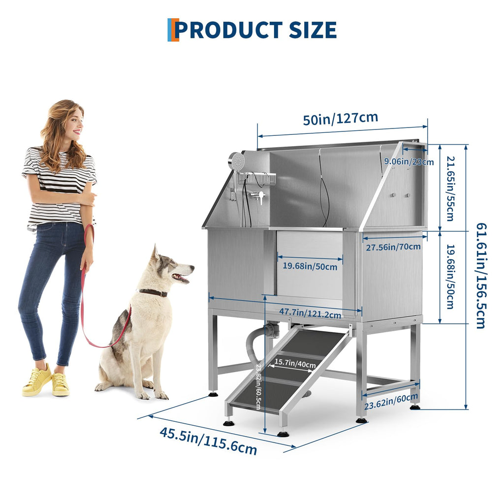 Garvee 50" Stainless Steel Dog Bathing Station, Dogs Washing Bathtub with Non-Slip Stairs & Storage Shelf, Slip-Resistant Floor Grate, Adjustable Platform for Grooming Salon & Home Use, Rightdoor