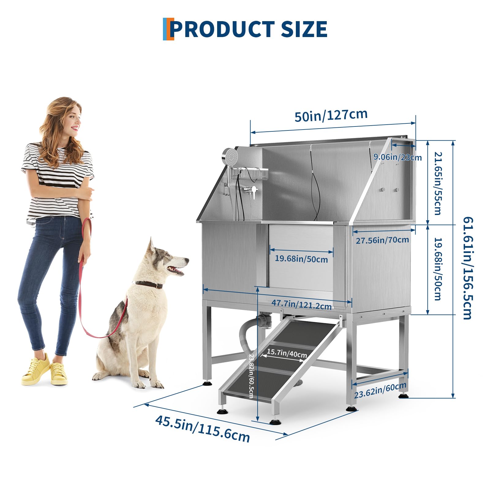 Garvee 50" Stainless Steel Dog Bathing Station, Dogs Washing Bathtub with Non-Slip Stairs & Storage Shelf, Slip-Resistant Floor Grate, Adjustable Platform for Grooming Salon & Home Use, Rightdoor