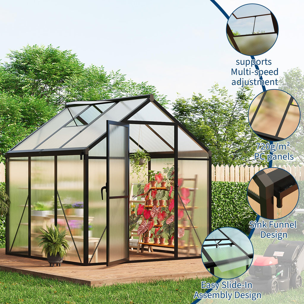 Garvee 6'x6' Outdoor Greenhouse Small Walk-in with Adjustable Ventilation Lockable Door Windproof Aluminum Frame Durable Polycarbonate Panels Backyard Gardening