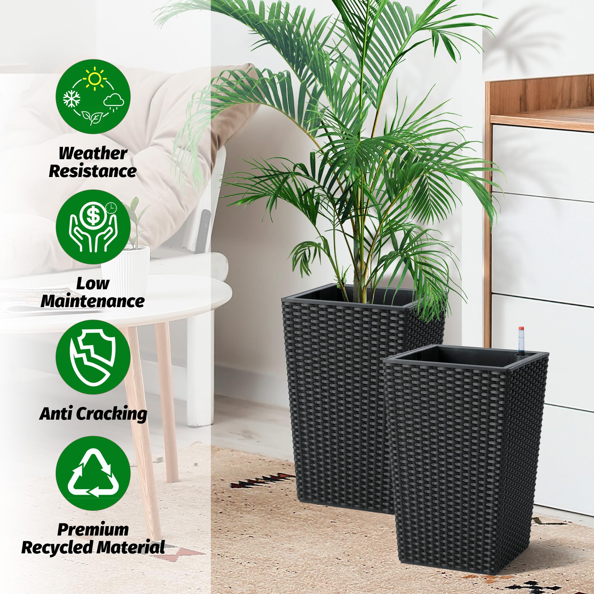 Garvee 16 Inch Tall Rattan Planter Set with Water Level Monitor & Wheels, Durable Plastic, Self-Watering & Drainage, Indoor & Outdoor Use