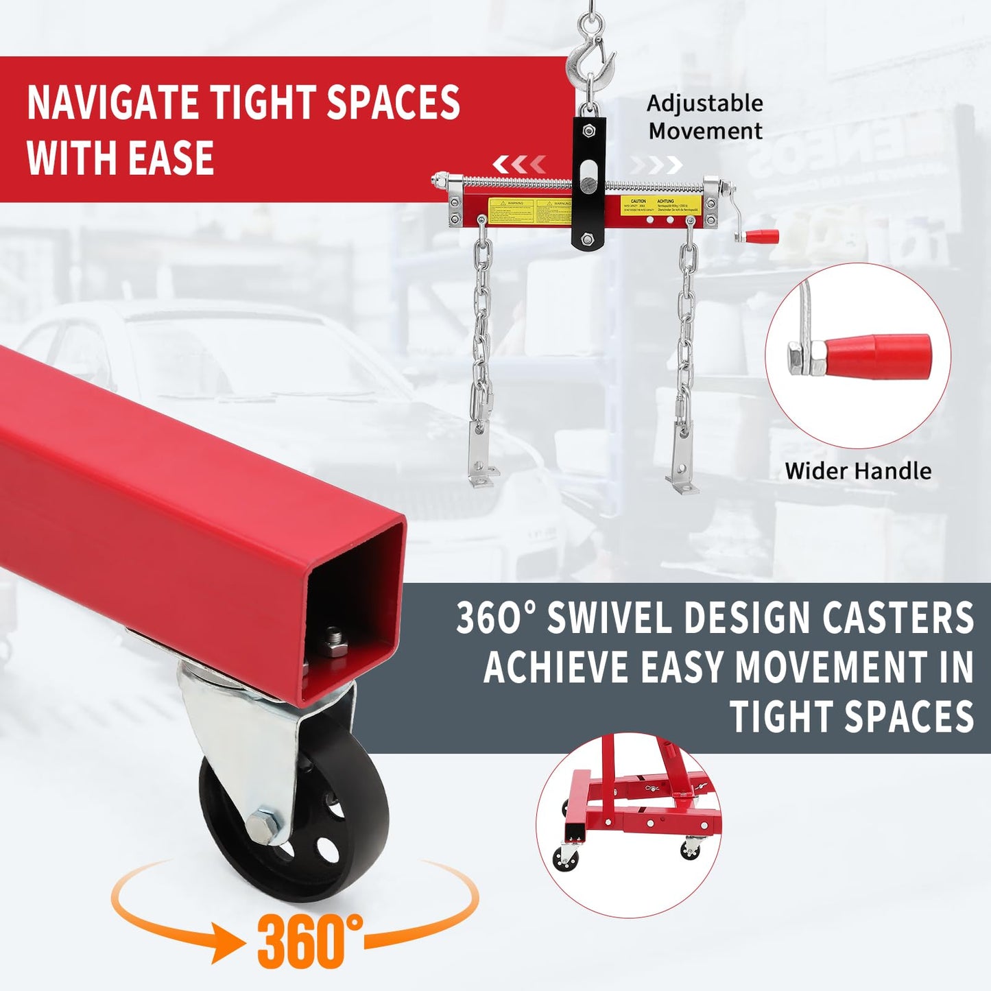 Garvee 2-Ton Folding Engine Hoist Cherry Picker 4400 Lb Hydraulic Telescoping Boom Steel Red Garage Repair
