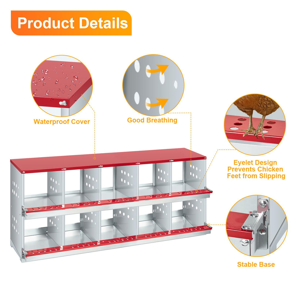 Garvee 10-Compartment Chicken Nesting Box Galvanized Steel Roll-Away Egg Collection Perching Bar Heavy Duty for Chicken Coops