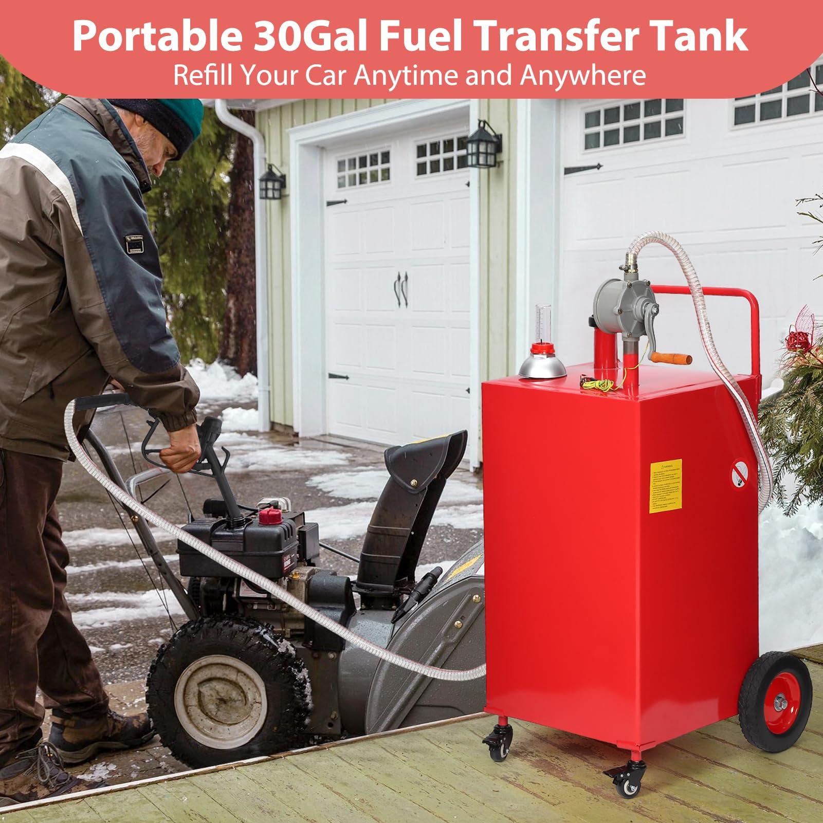 Garvee 30 Gallon Fuel Caddy Gasoline Diesel Tank with Manual Two-Way Pump Durable Stainless Steel 4-Wheel Mobile Design for Cars Trucks Boats