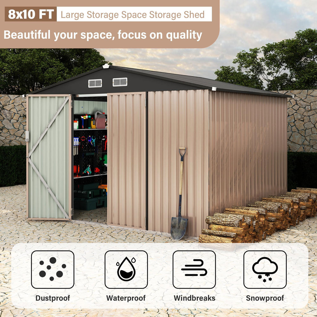 Garvee Outdoor Metal Storage Shed 8x10 FT with Lockable Doors & Air Vents, Sloped Roof, Galvanized Steel, Rustproof, Large Capacity for Garden Patio Lawn
