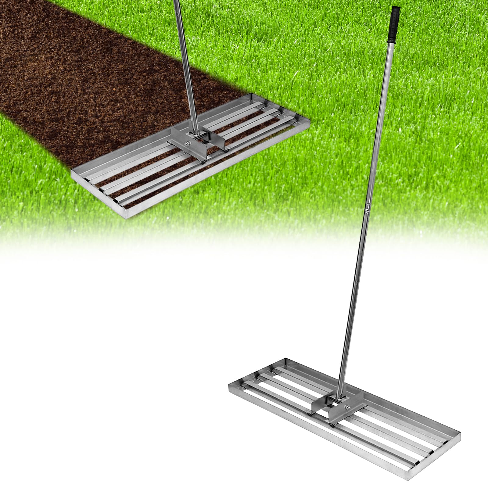 Garvee lawn leveling rake with adjustable steel handle 30”x10”,Durable metal construction for soil grading & yard care. Perfect for gardens & lawns
