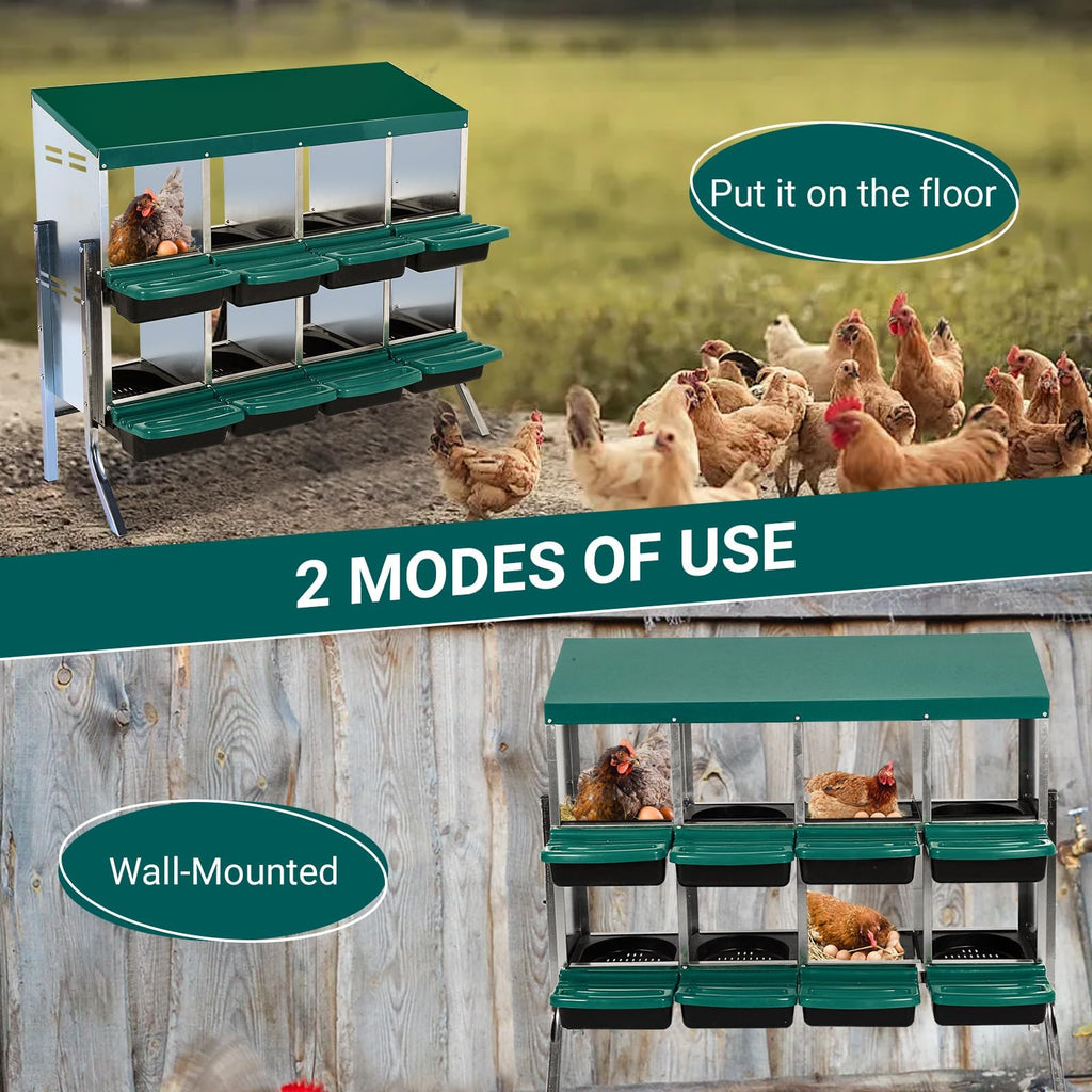 Garvee 8-Compartment Galvanized Steel Chicken Nest Box - 0.8mm Green w/Tilt Design, Vent Holes, Removable Trays & Stand for Coops