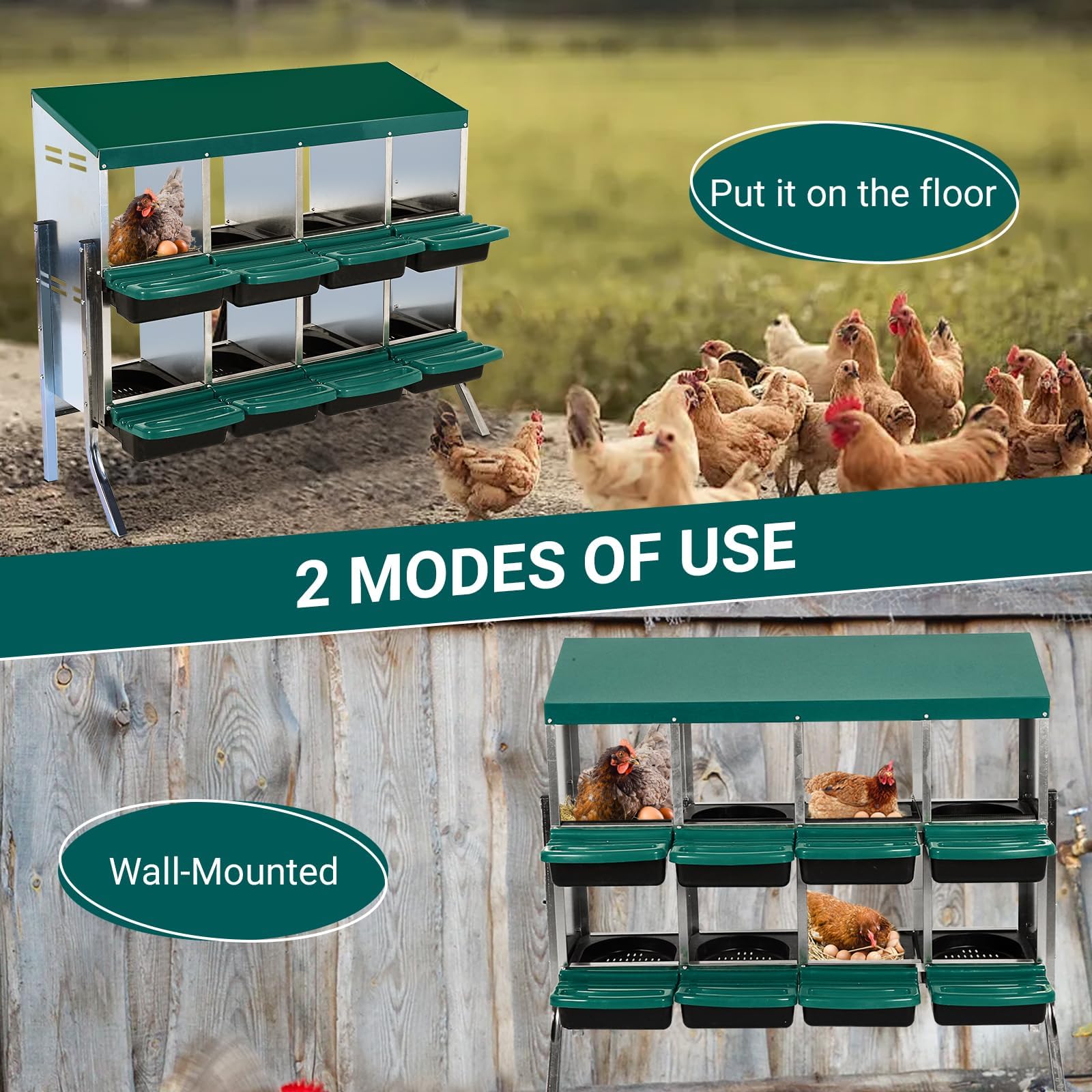 Garvee 8-Compartment Galvanized Steel Chicken Nest Box - 0.8mm Green w/Tilt Design, Vent Holes, Removable Trays & Stand for Coops