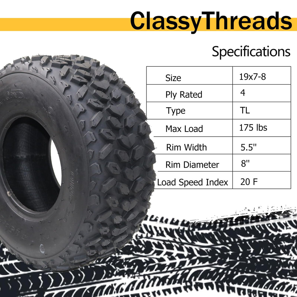 Garvee Set of 2 ATV Tires All-Terrain 19X7-8 4PR Tubeless Nylon 4-Ply Durable Off-Road Traction for Trail Sand Mud