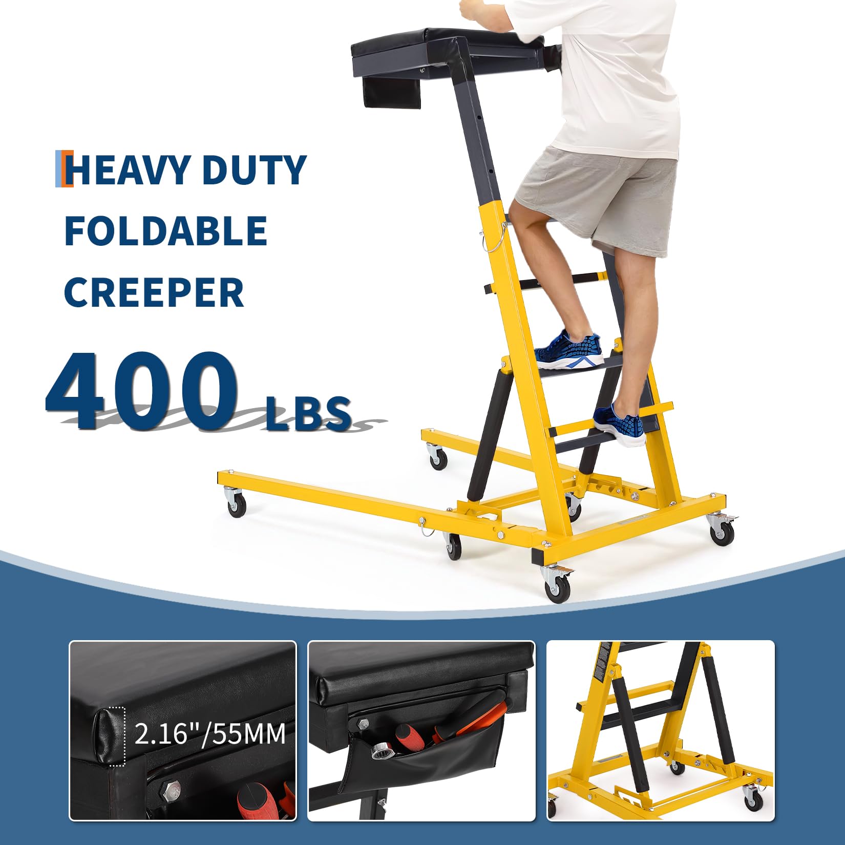 Garvee Automotive Top Creeper Adjustable Height 49.21-68.89" 400 LBS Capacity 6 Swivel Casters Steel Frame Foldable Garage Use