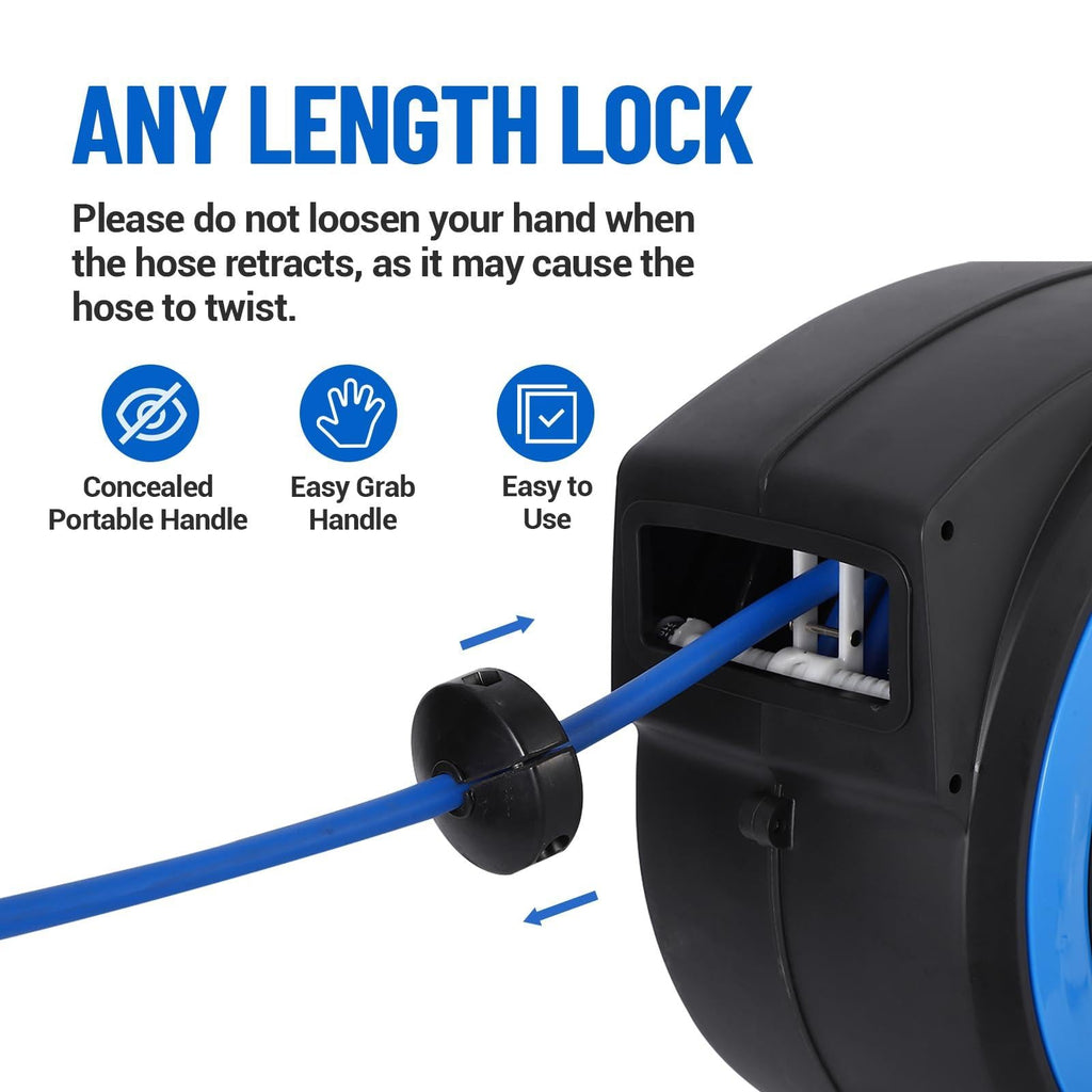 Garvee 3/8” 65FT Retractable Air Hose Reel – Auto-Lock, 180° Swivel Bracket & Tangle-Free Retraction for Garage/Workshop, Blue