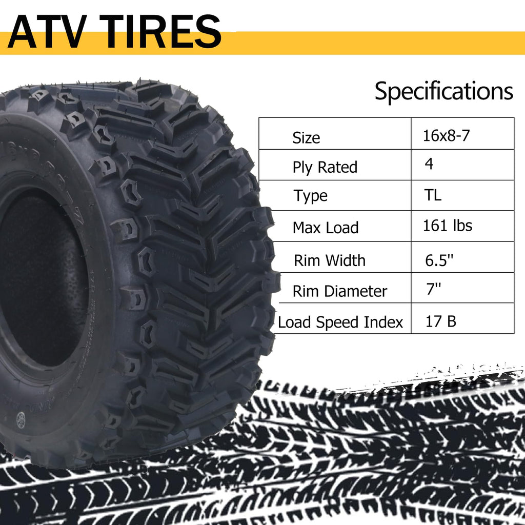 Garvee Set of 2 ATV All-Terrain Tires 16X8-7 4PR Tubeless Nylon 6-Ply Abrasion Resistant Enhanced Traction Off-Road Trail Sand Mud
